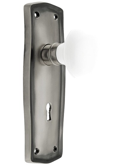 Prairie Style Door Set with White Porcelain Door Knobs Function in Antique Pewter Finish.